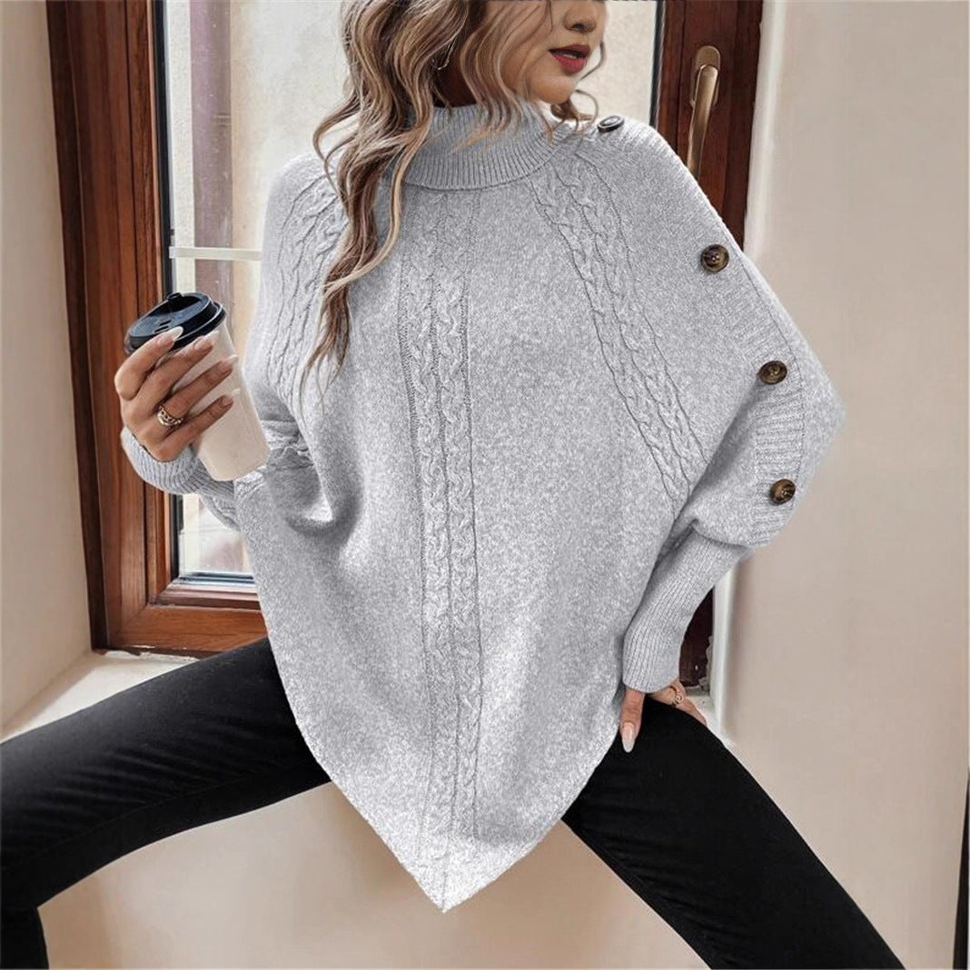 Turtleneck Buttons Decorative Long Sleeve Poncho