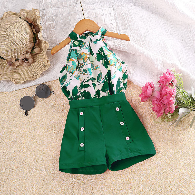 Girl's Summer Printed Halter Top & Shorts Set