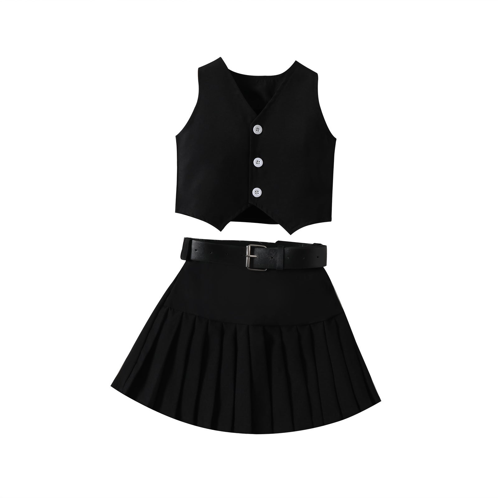 Girls' Fashionable V-neck Solid Color Single-breasted Vest Top Pleated Skirt Belt 3pc Set