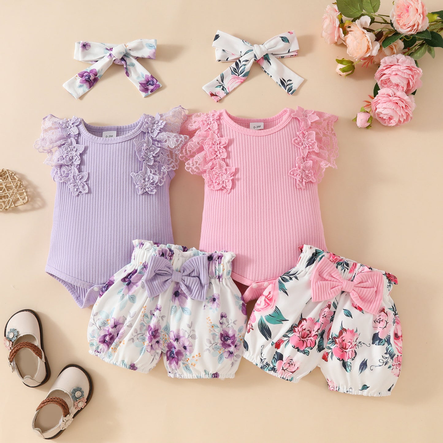 Children's Sleeveless Sunken Stripe Top Flower Shorts Suit
