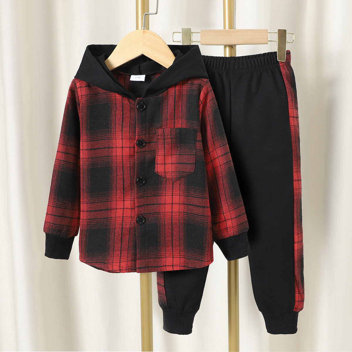 Boys' Long Sleeve Plaid Contrast Color Hoodie Two-piece Set