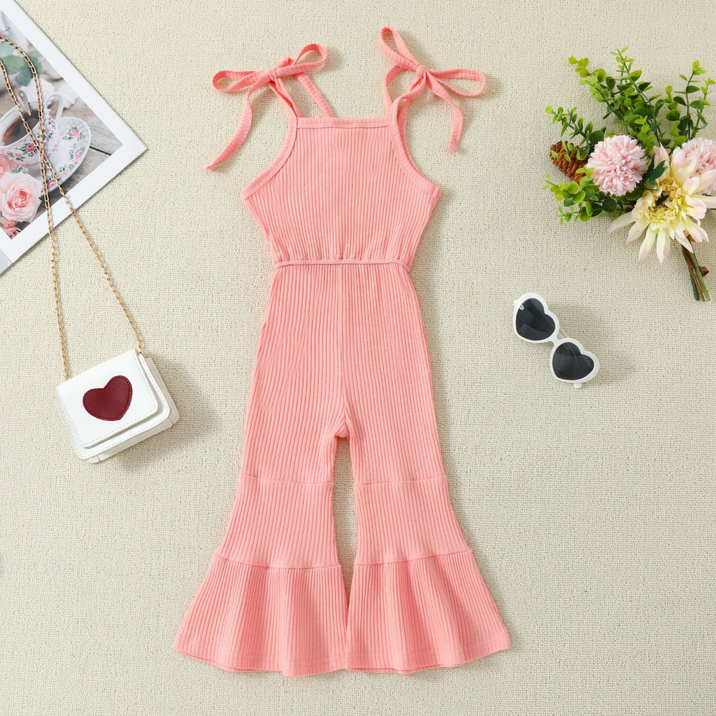 Solid Color Bell-bottom Pants Jumpsuit With Straps