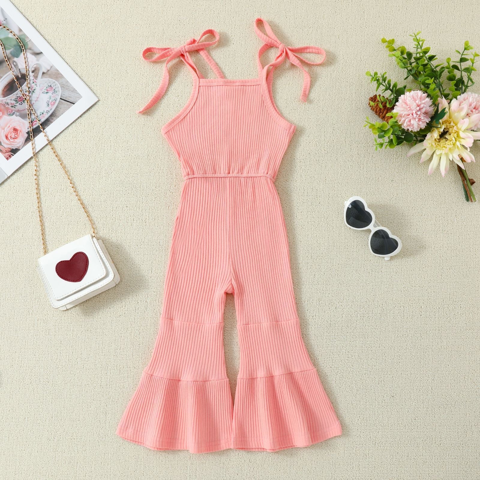 Solid Color Bell-bottom Pants Jumpsuit With Straps