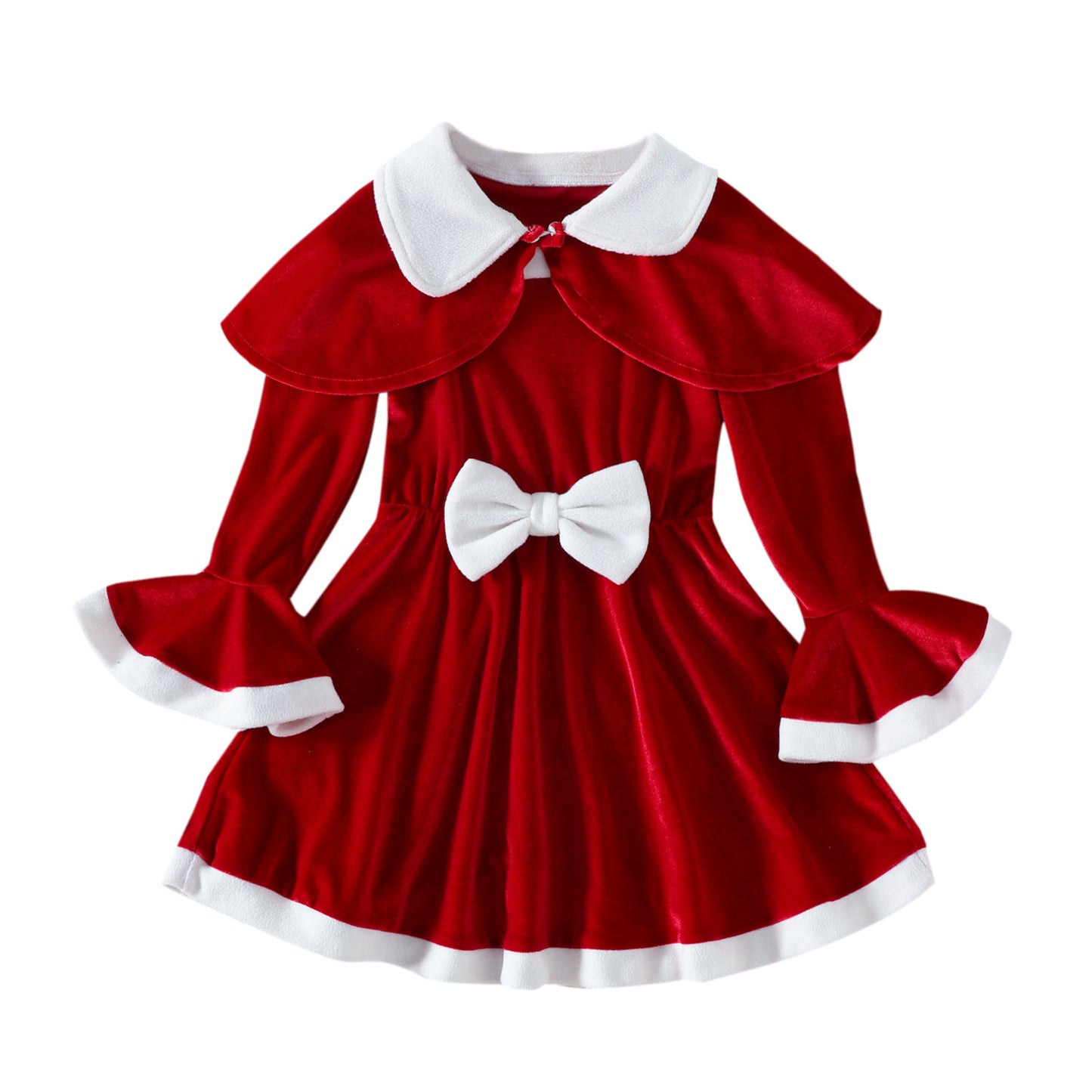 Christmas Red Solid Color Cloak Bow Dress