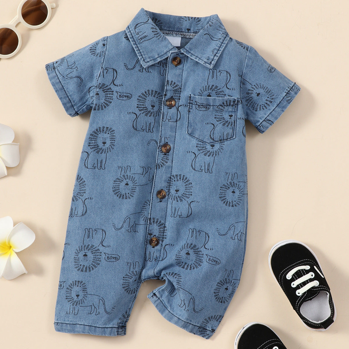 Baby Boy Lion Printing Denim Romper