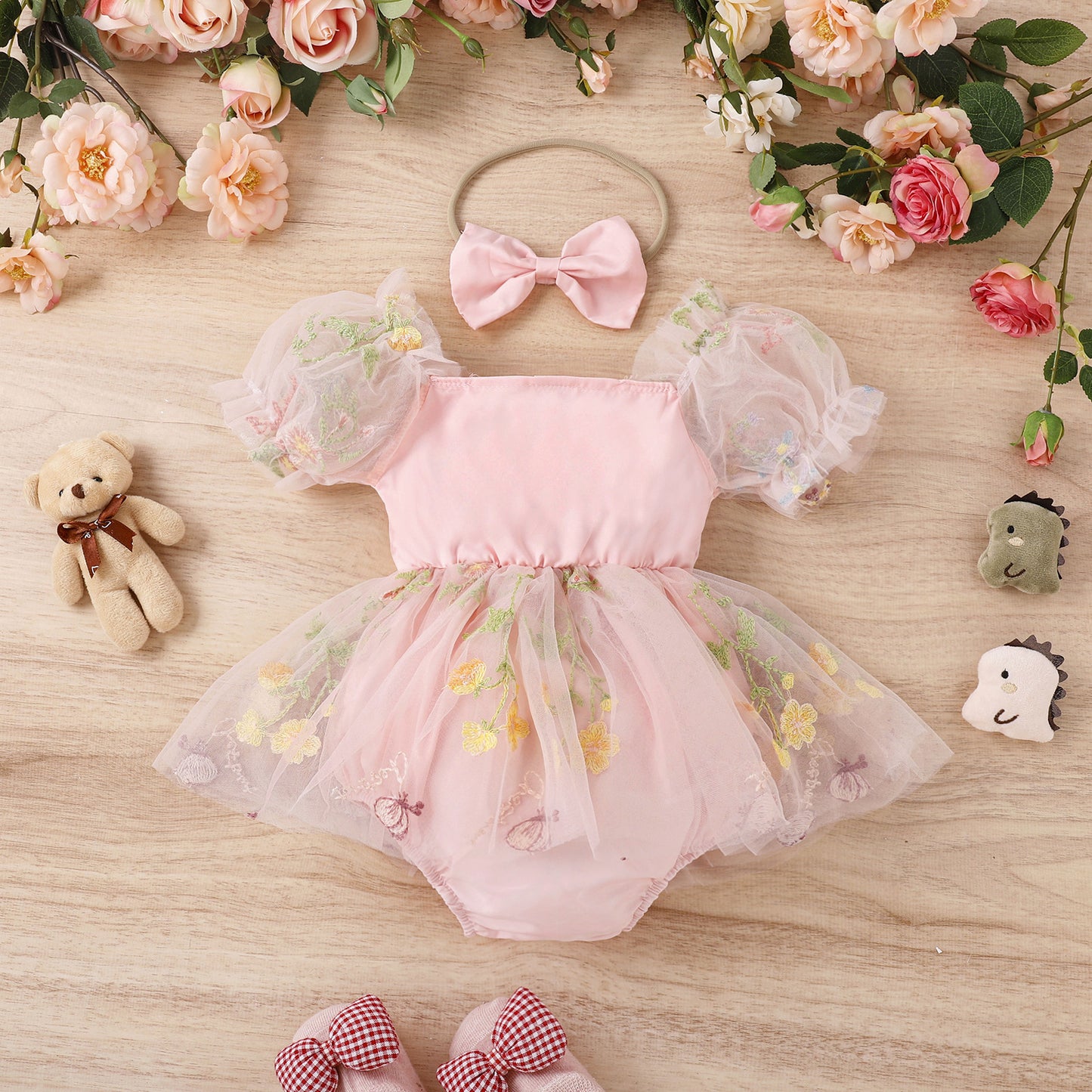 Multi-color Embroidered Skirt Lace Mesh Onesie With Headband