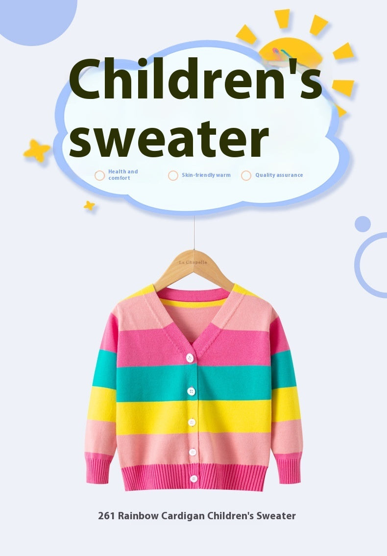 Girls' Cotton Sweater, Rainbow Striped Cardigan