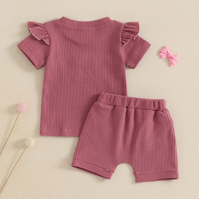 Girls' Summer Fashion Letter I Embroidery Waffle 2pc Set