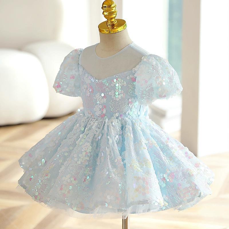 Girls Blue Sequins New Puff Sleeve Umbrella Princess Dress