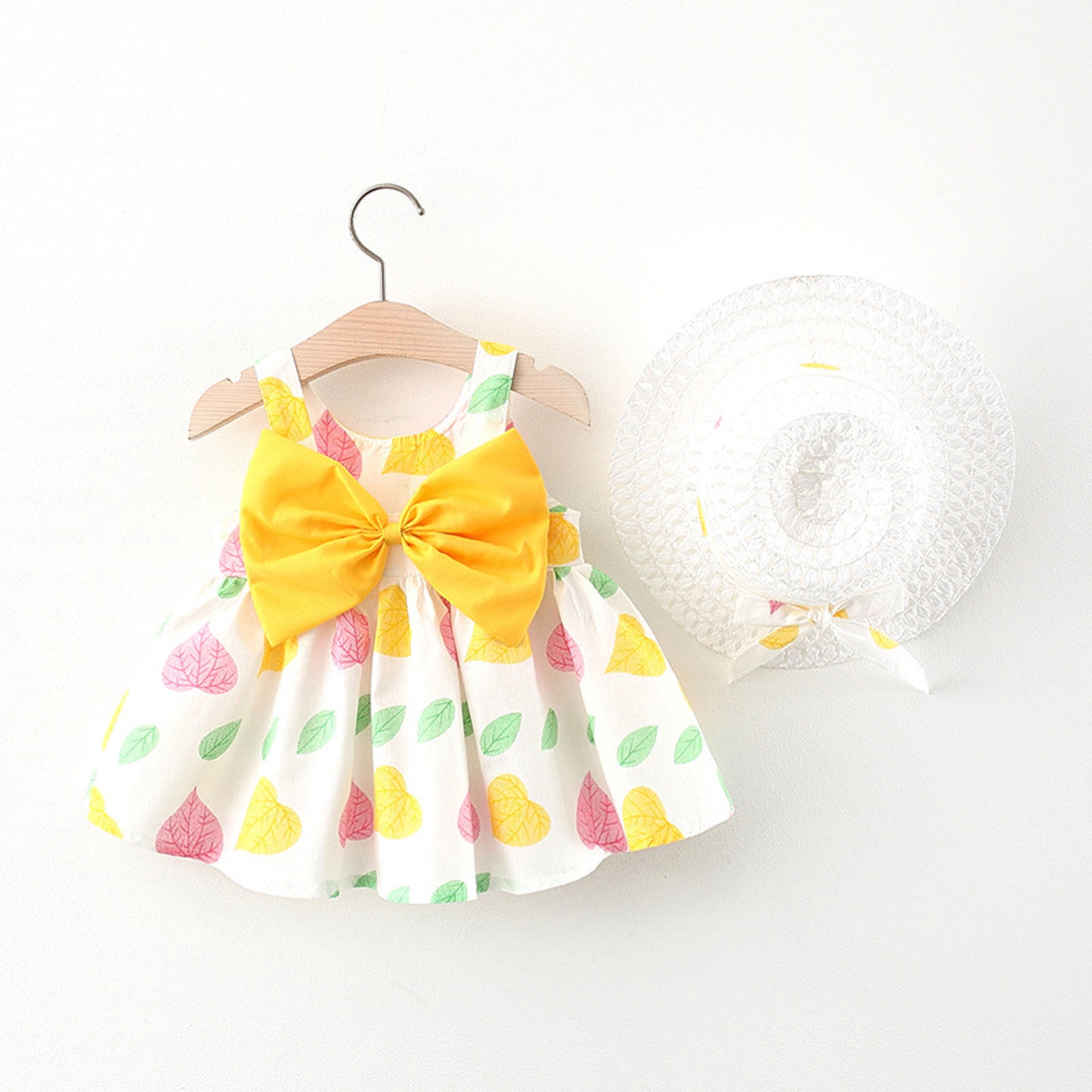 Summer Baby Girl Big Bow Sleeveless Print Dress With Hat 2pc Set