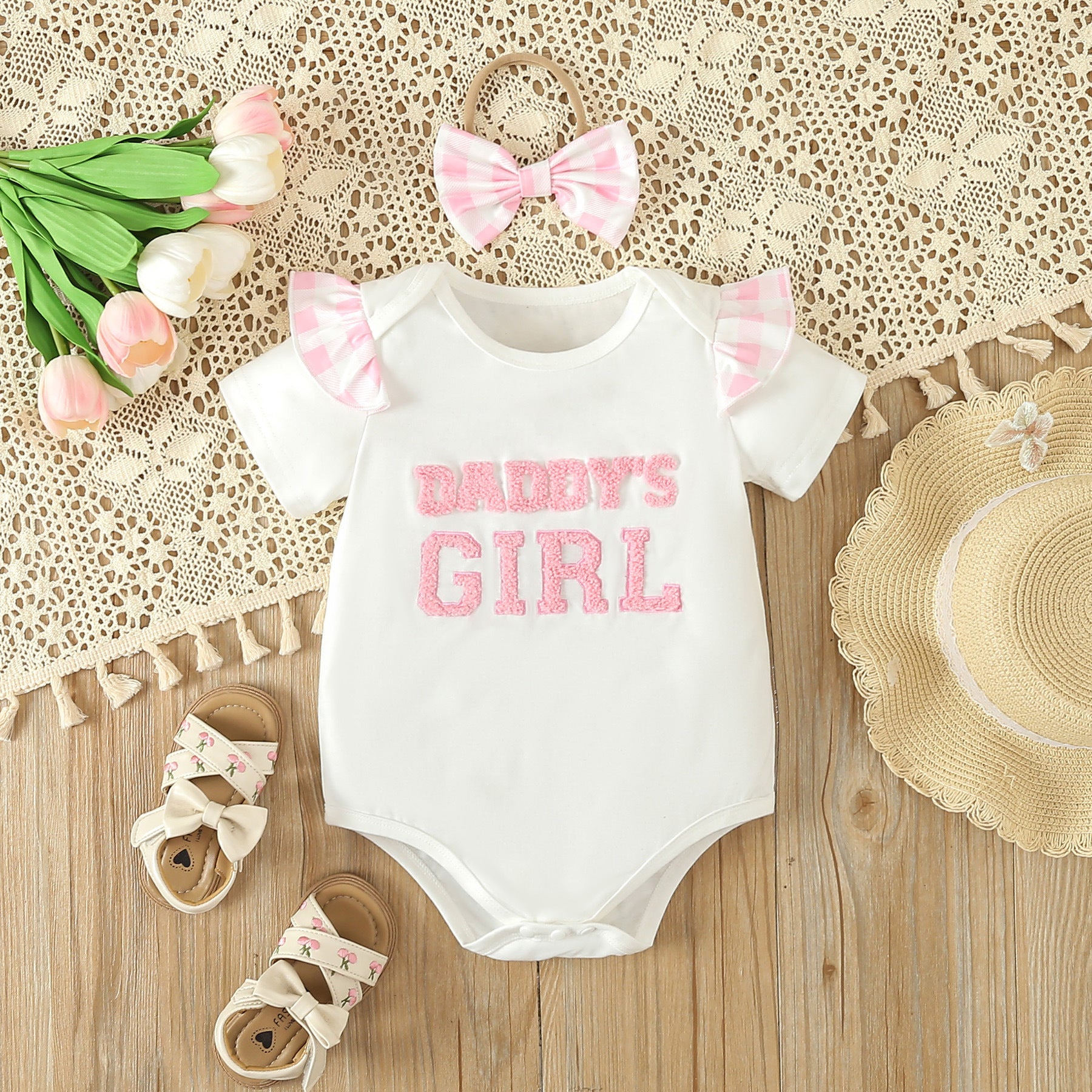 Girls Summer Letter T-shirt Plaid Short Skirt 3pc Set