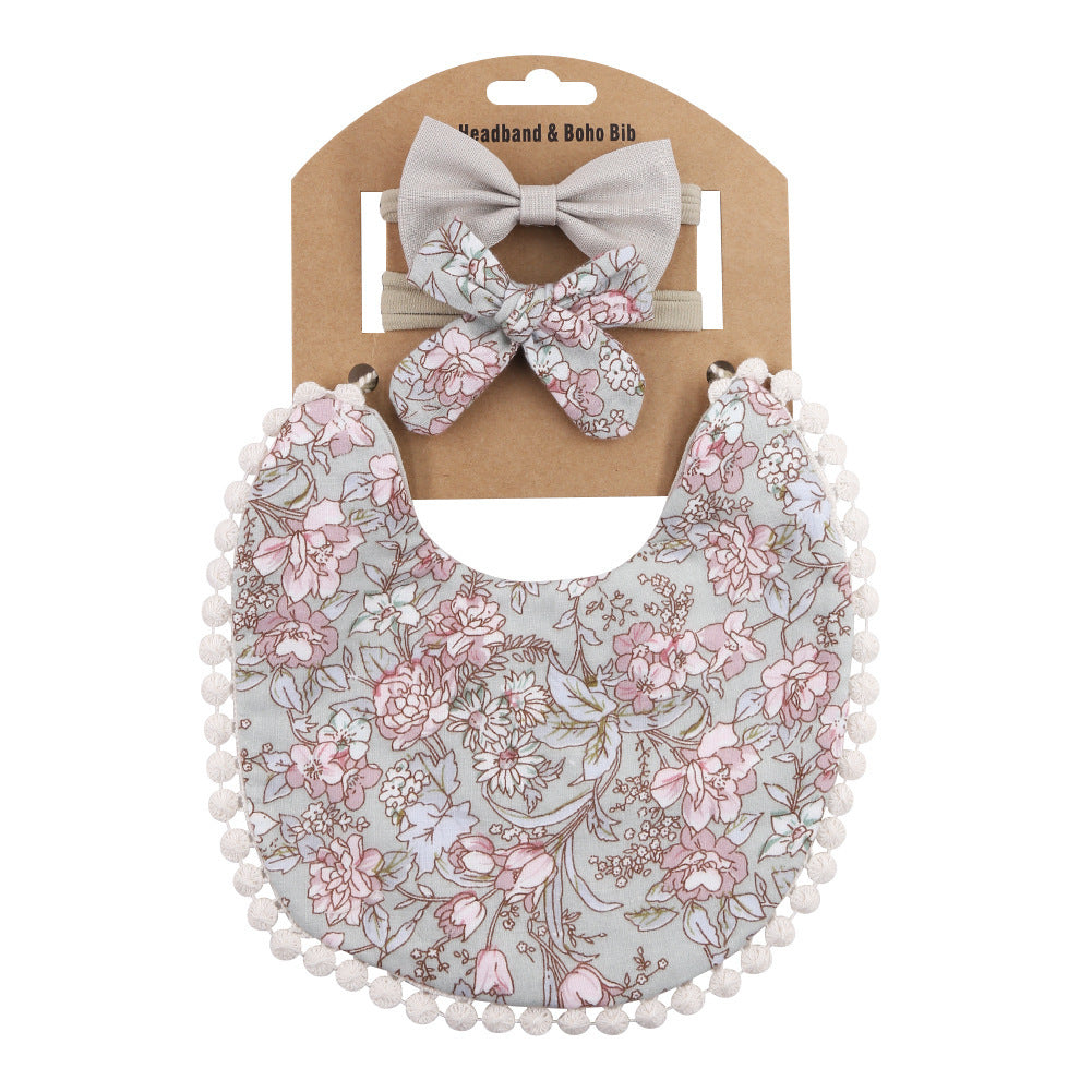 Newborn Baby Cute Floral Cotton Saliva Bib With Headband Set