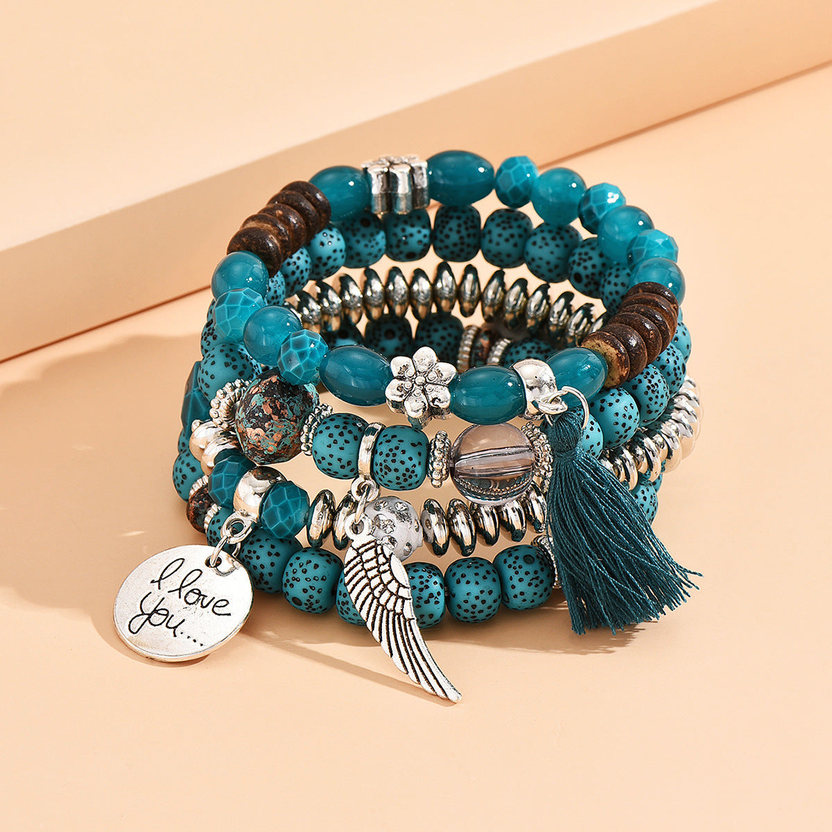 Multilayer Color-Block Turquoise Bracelet With Leaf Alloy Tassel 4-Piece Set