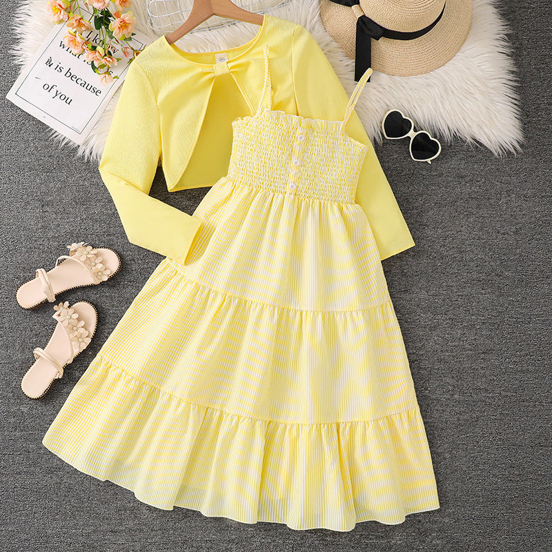 Girls' Floral Strap Dress Long-sleeved Jacket
