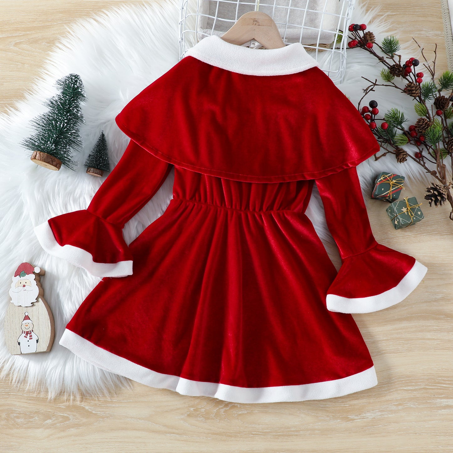 Christmas Red Solid Color Cloak Bow Dress