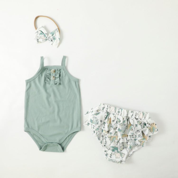 Summer Cute Baby Girl Solid Color Romper Shorts 3pc Set