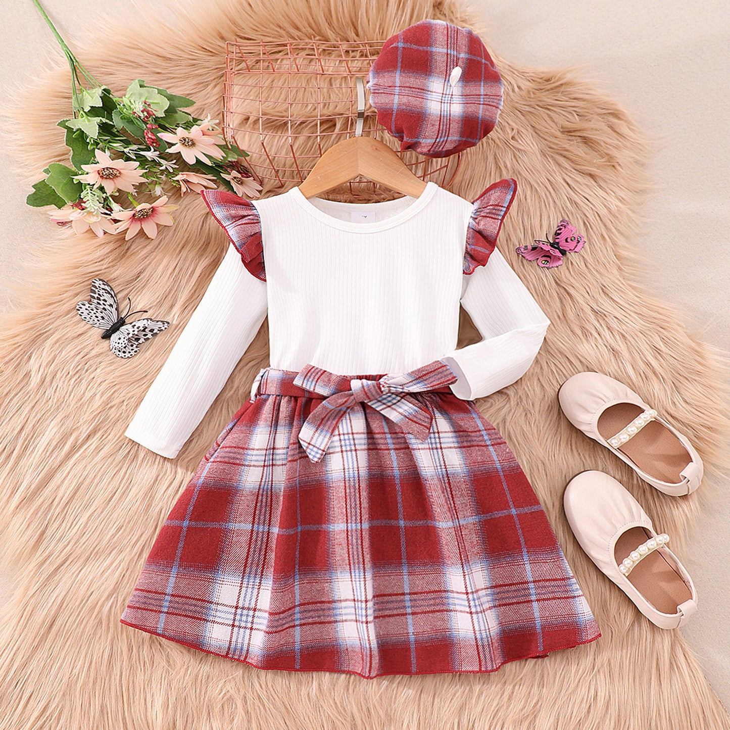 Girl's Ruffled Plaid Skirt 2pc Set