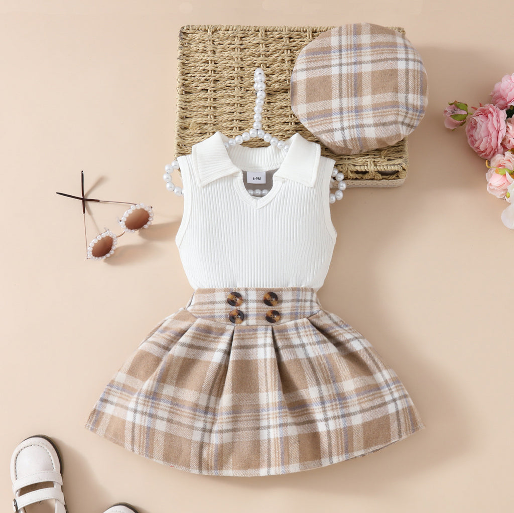 Girls' Fashion Beret Top Tartan Skirt 3pc Suit