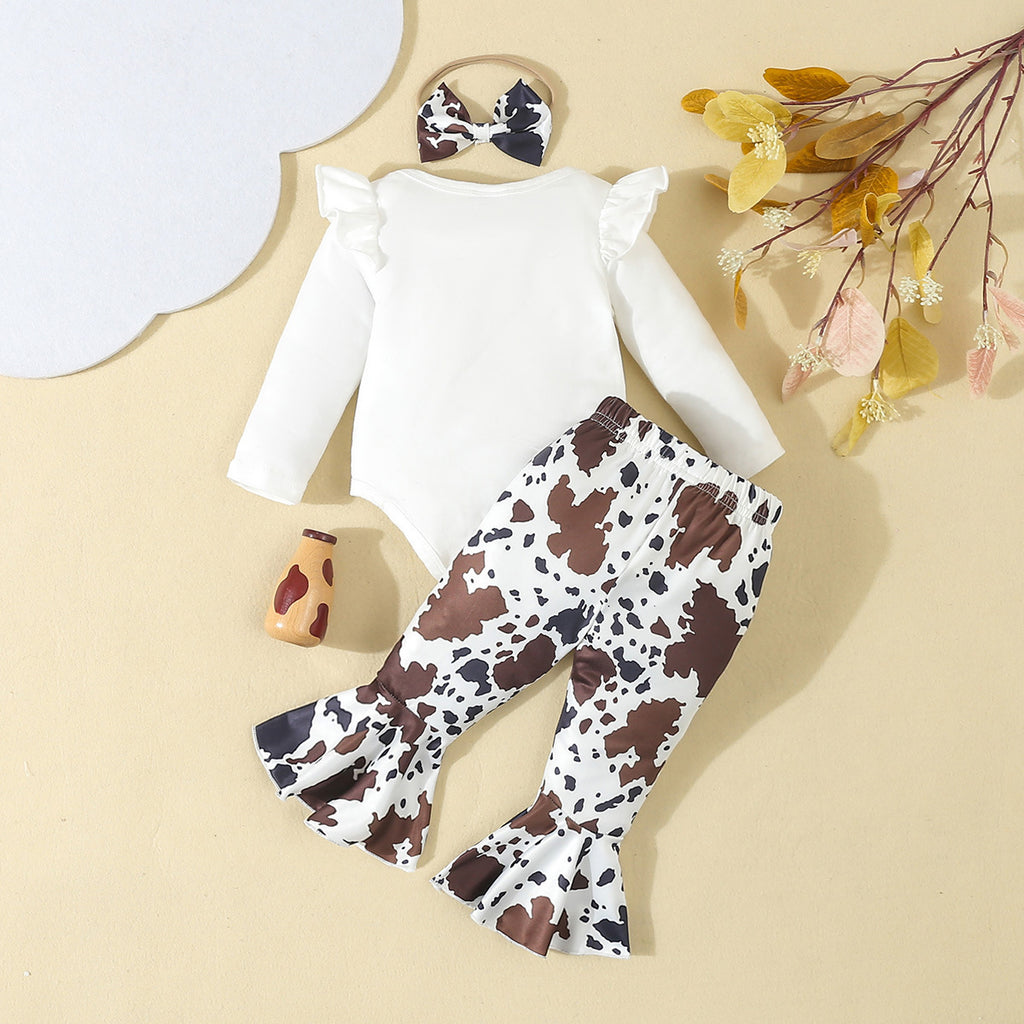 Baby Girl Cartoon Animal Flower Bell-bottom Pants Long Sleeve Headdress Three-piece Set