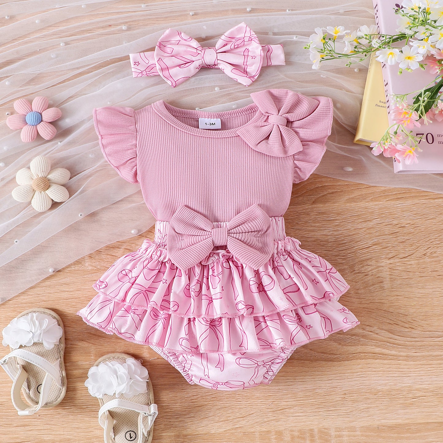 Baby Flutter-sleeve Romper Printed Shorts Set