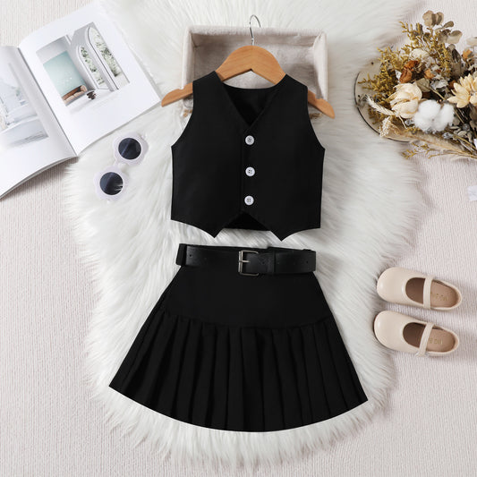 Girls' Fashionable V-neck Solid Color Single-breasted Vest Top Pleated Skirt Belt 3pc Set
