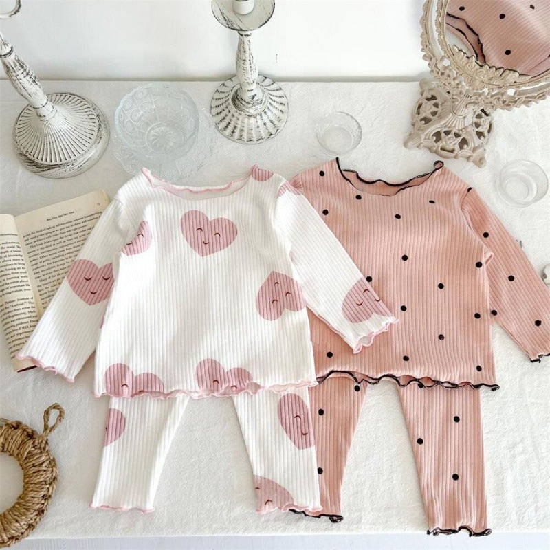 Girls' Long Sleeved Home Wear Pajamas With Wooden Ear Edge Set