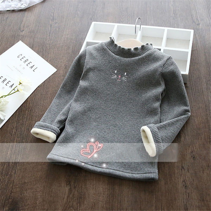 Girls' Fleece-lined Wooden Ear Thickened Thermal Shirt