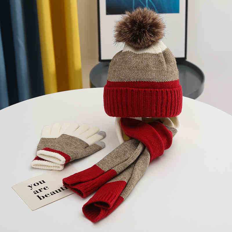 Assorted Colors Fleece Thick Wool Hat Scarf Gloves 3-piece Set