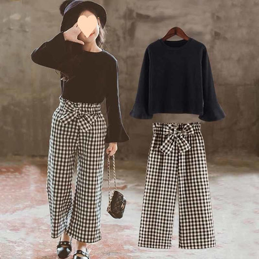 Girls' Black Top With Plaid Pants 2pc Set