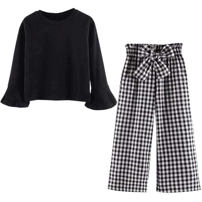 Girls' Black Top With Plaid Pants 2pc Set