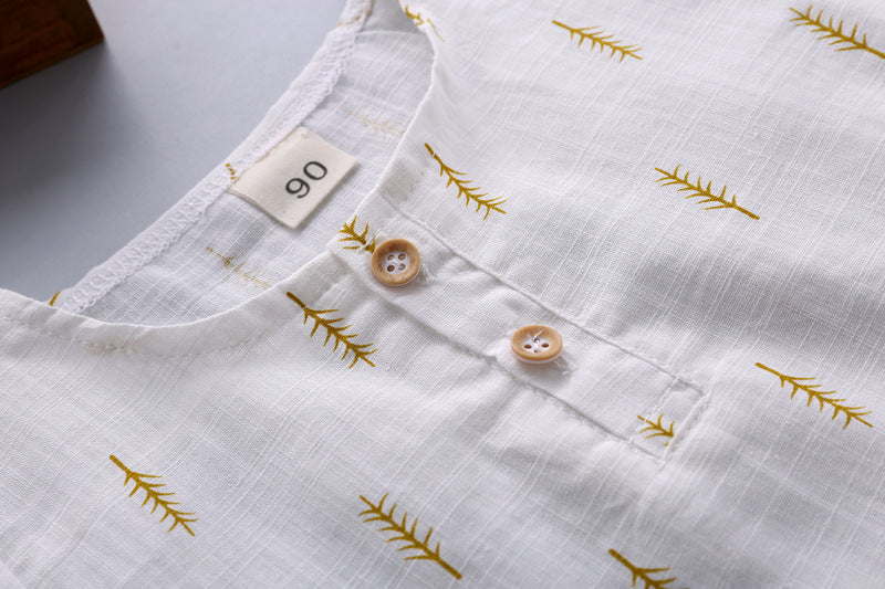 Boys' Casual Printed Cotton Linen Short Sleeved Pants Set