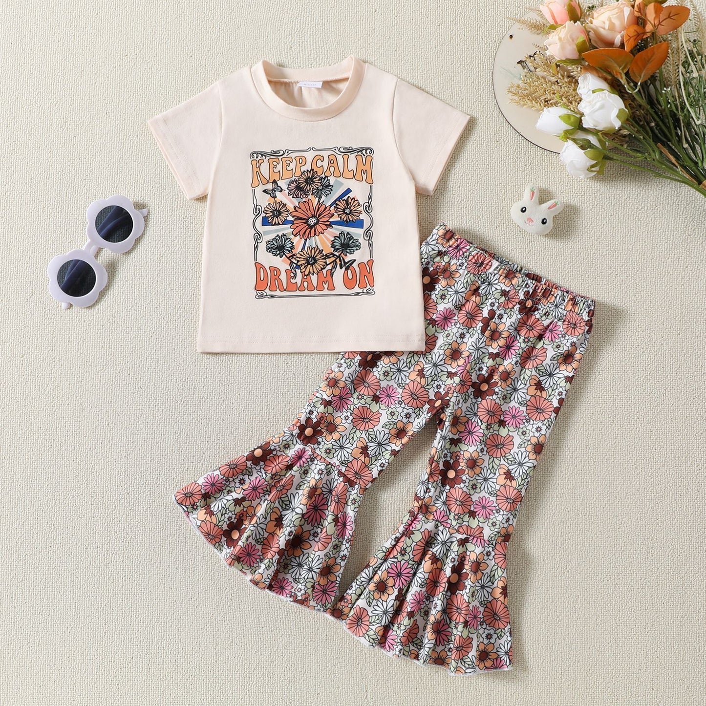 Girls' Flower Print T-shirt Bell-bottom Pants Summer 2pc Set