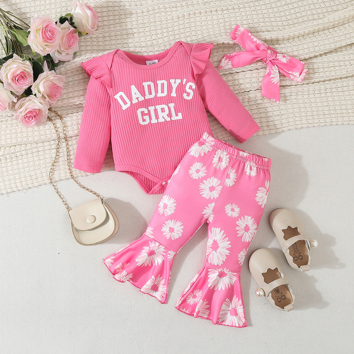 Baby Girl Cartoon Animal Flower Bell-bottom Pants Long Sleeve Headdress Three-piece Set