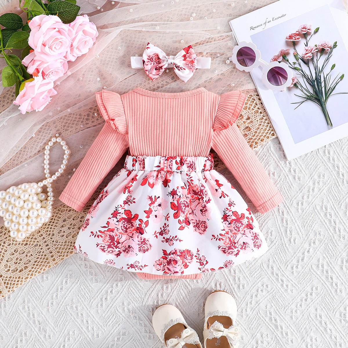 Baby Girl Long Sleeve Romper Pink Floral Suspender Dress