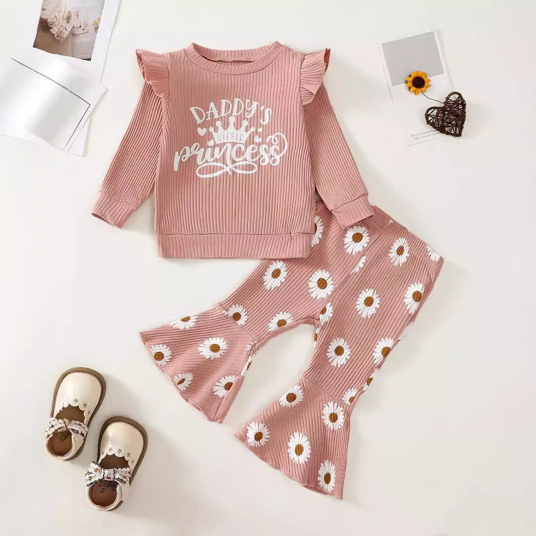 Baby Girl Long Sleeve Sunken Stripe Top Flower Print Two-piece Set
