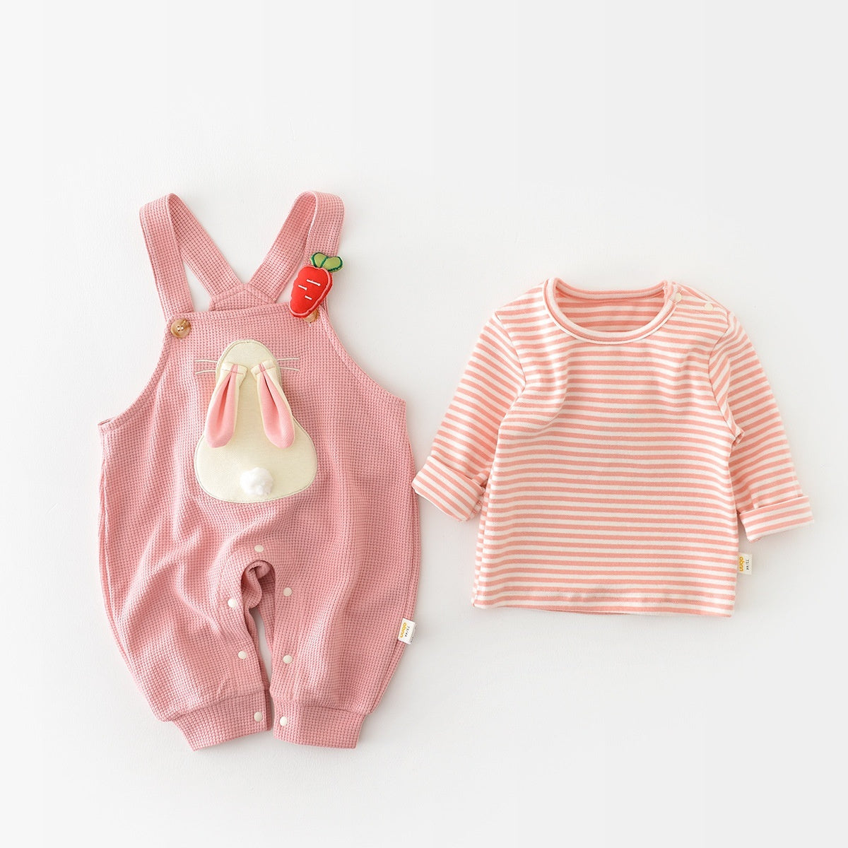 Infant Fashionable Cartoon Bunny Suspender Pants Baby Striped T-shirt Two-piece Set