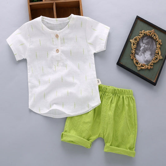 Boys' Casual Printed Cotton Linen Short Sleeved Pants Set