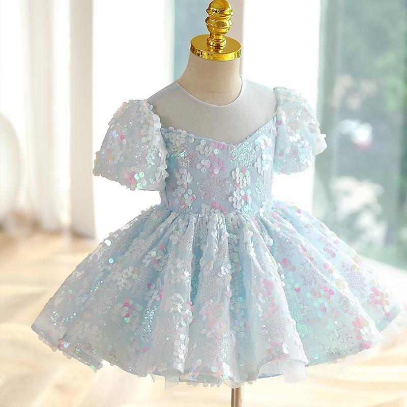 Girls Blue Sequins New Puff Sleeve Umbrella Princess Dress