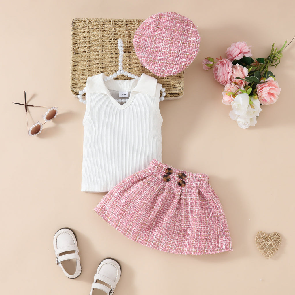 Girls' Fashion Beret Top Tartan Skirt 3pc Suit