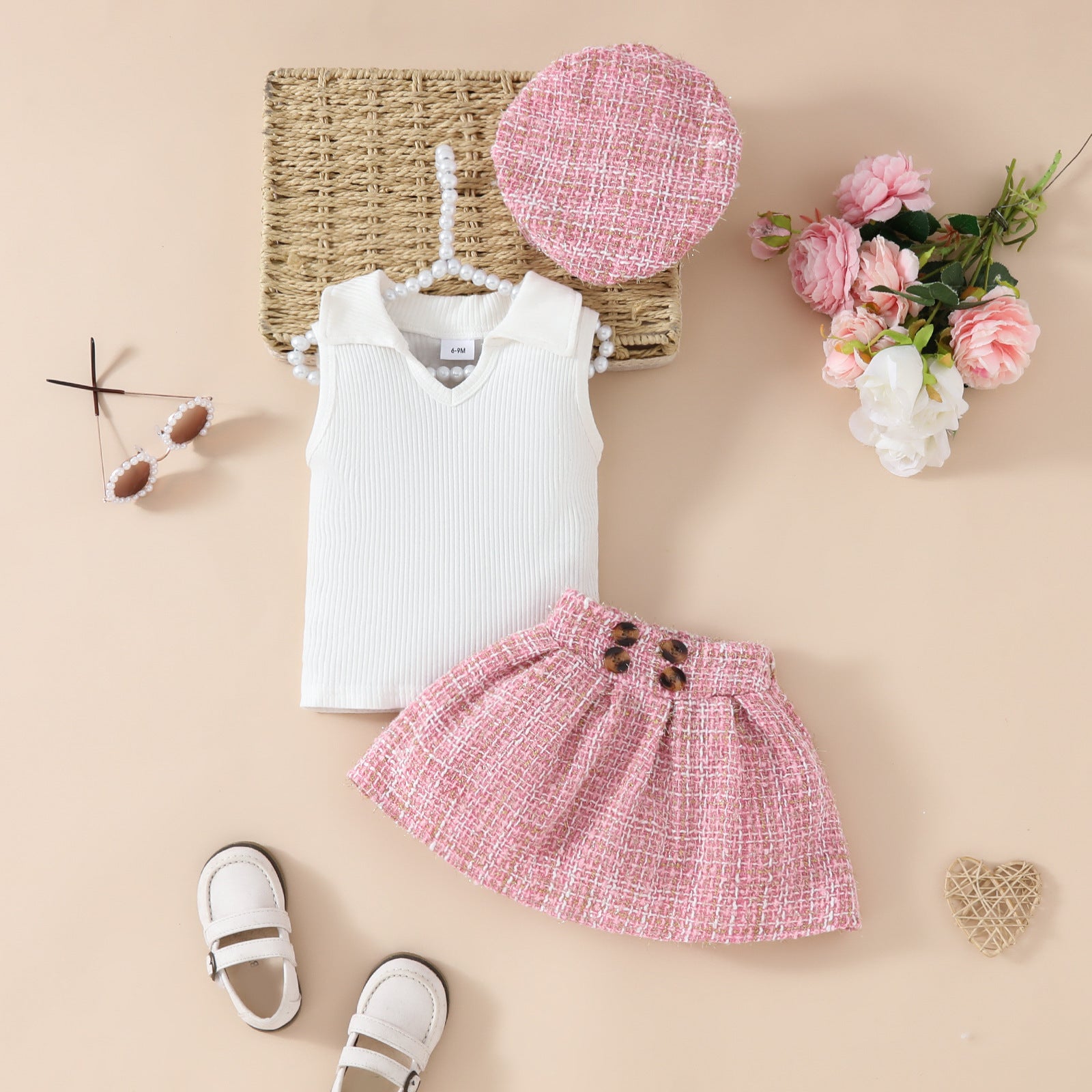 Girls' Fashion Beret Top Tartan Skirt 3pc Suit
