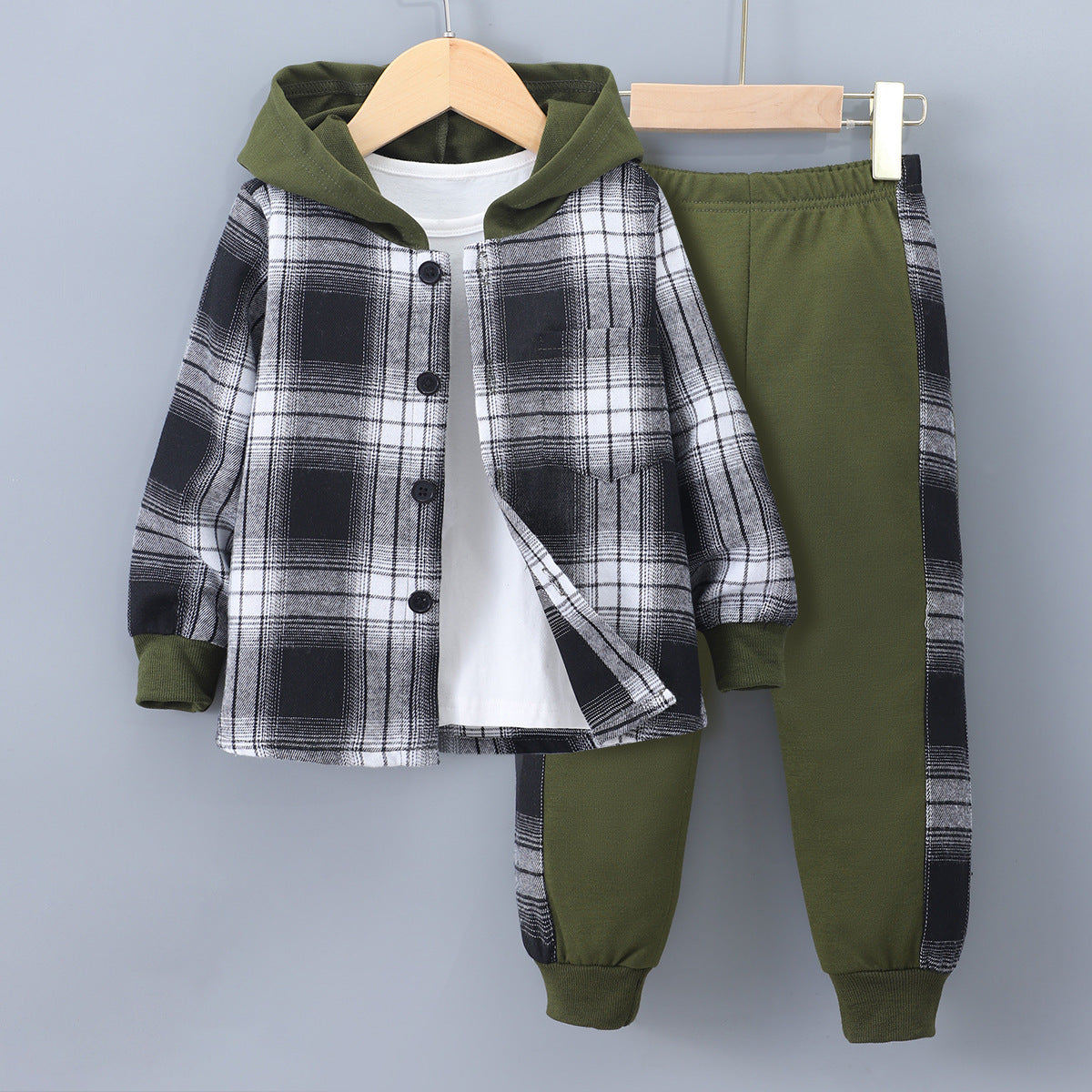 Boys' Long Sleeve Plaid Contrast Color Hoodie Two-piece Set