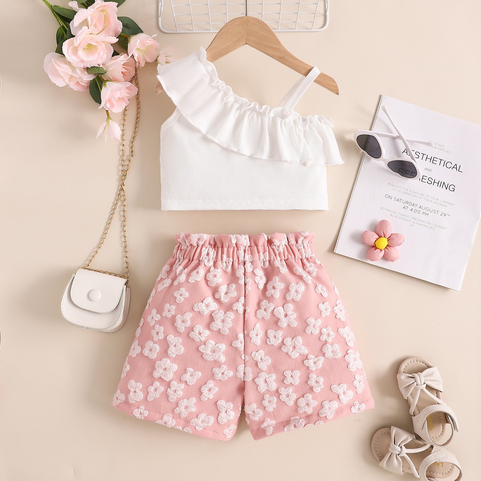 Girl's Summer Oblique Shoulder Tops Floral Shorts 2pc Set
