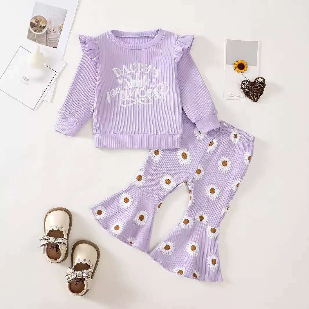 Baby Girl Long Sleeve Sunken Stripe Top Flower Print Two-piece Set