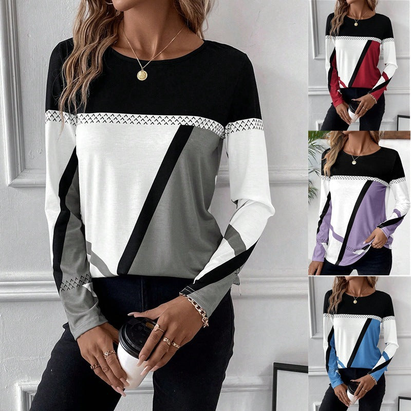 Pullover Round Neck Contrast Colour Stitching Geometric Print Top