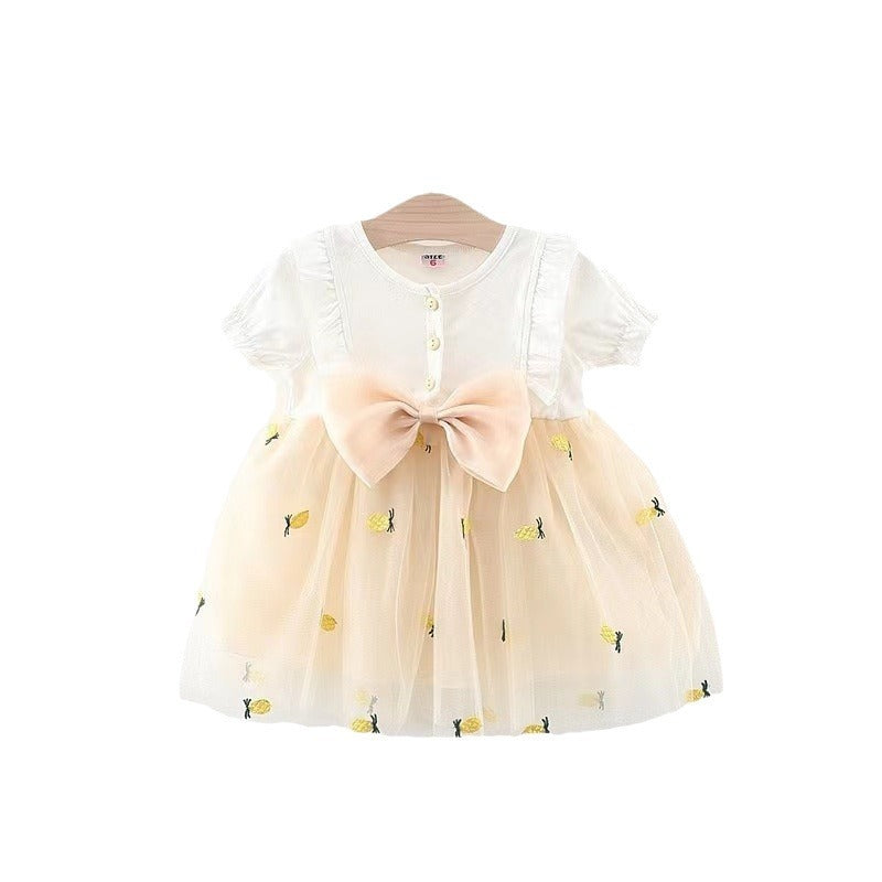 Baby/Toddler Solid Color Pineapple Mesh Stitching Dress