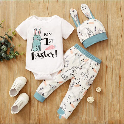New Easter Print Rabbit Romper Three Piece Set