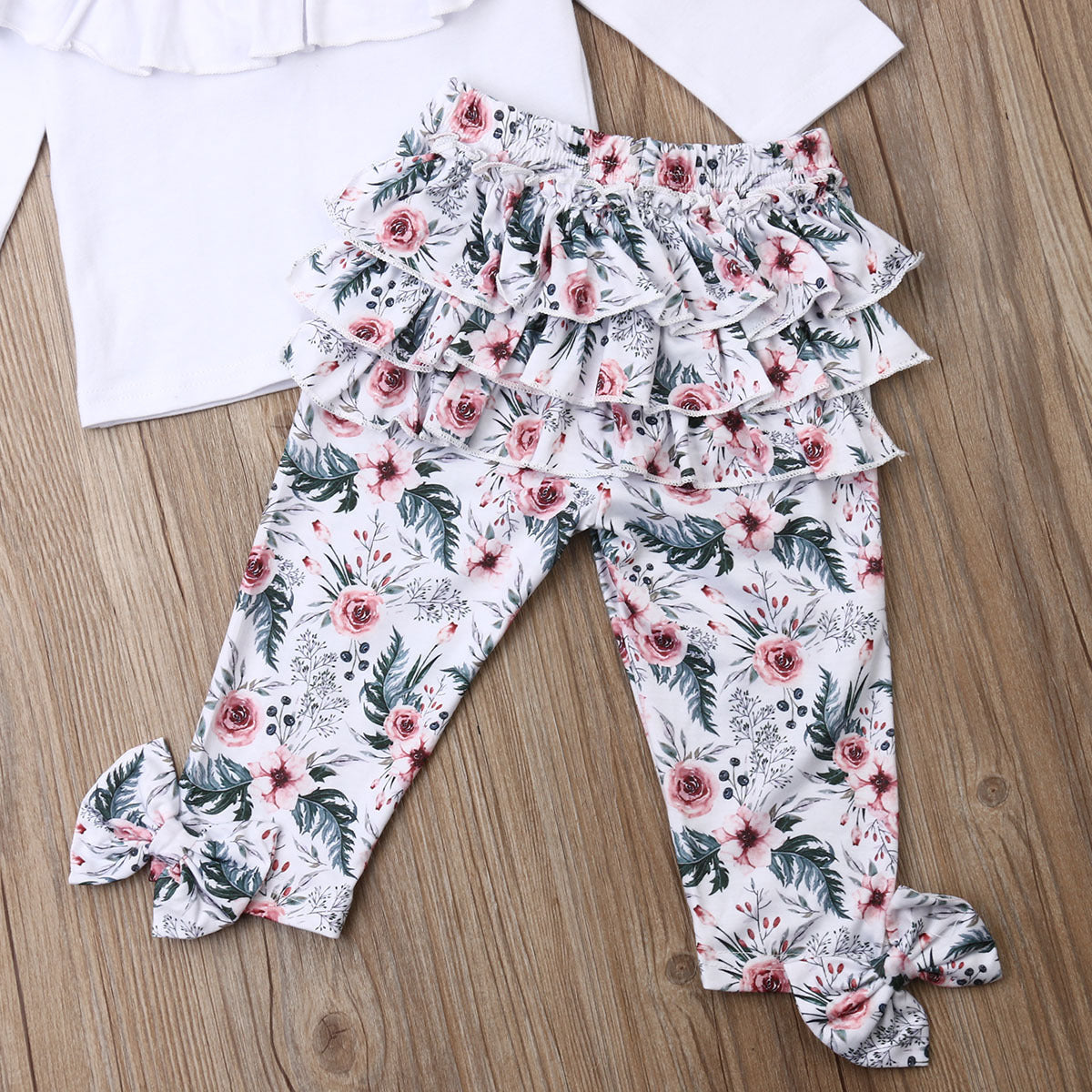 Girls' Lace Blouse With Multi-layer Printing Trousers And Flower Headband 3pc Set