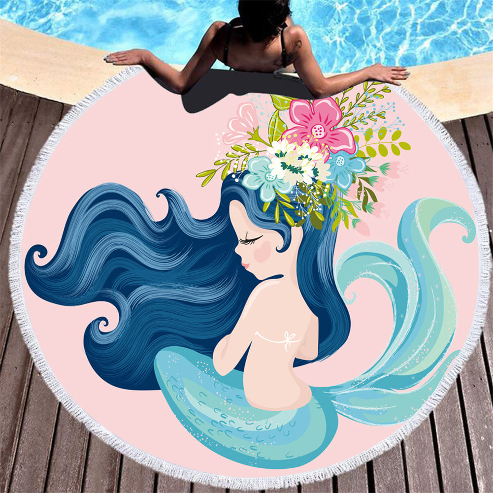 Cartoon Pink Mermaid Microfiber Round Beach Towel