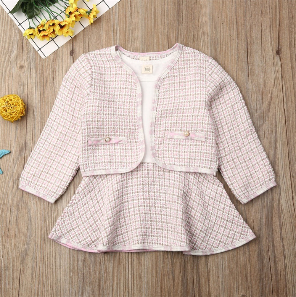 Toddler Baby Girl Long-sleeved Dress With Cardigan 2pc Suit