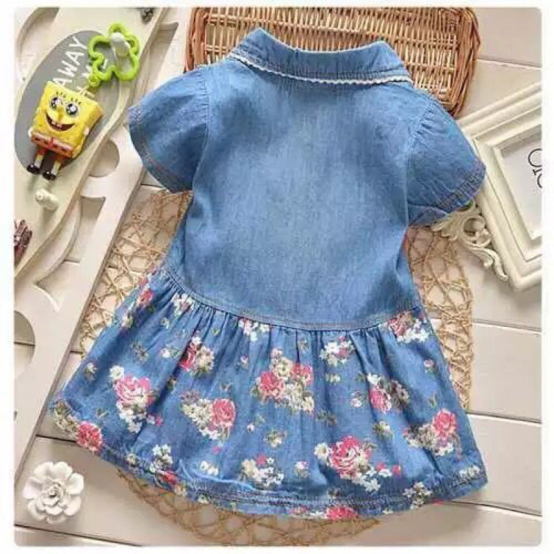 Girls Fashion Casual Denim Floral Dress